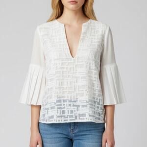 ALEXIS White Embroidered Pleat Sleeve Top Size Small Organza Overlay